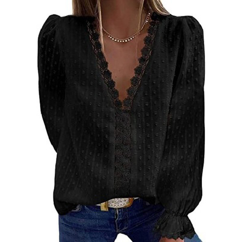 European And American Solid Color Jacquard V-neck Long-sleeved Blouse Women