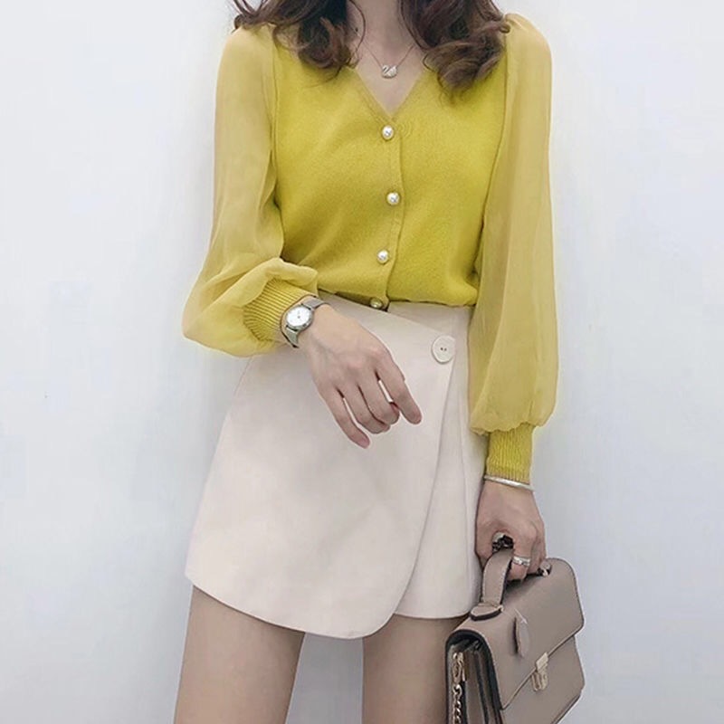V-neck Chiffon Long Sleeve Bottom Shirt High Waist Wool