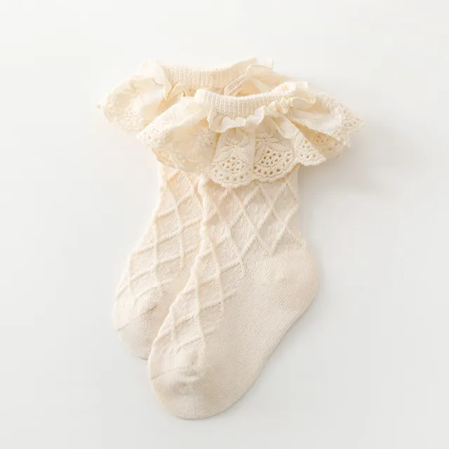 Korean Solid Lace Girls' Medium Tube Socks Beige - Shop at LoveMi