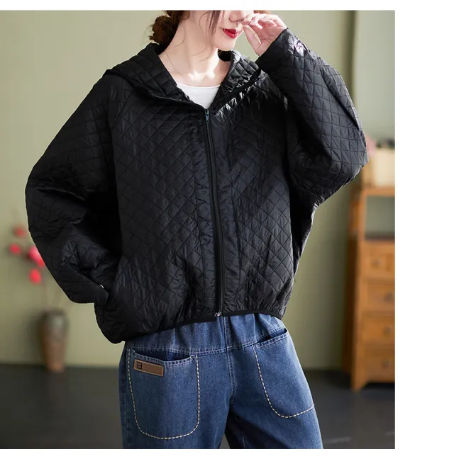 Autumn And Winter New Literary And Artistic All match Long sleeved Hooded Baseball Uniform Cotton Coat Short Coat Women Black - Shop at LoveMi