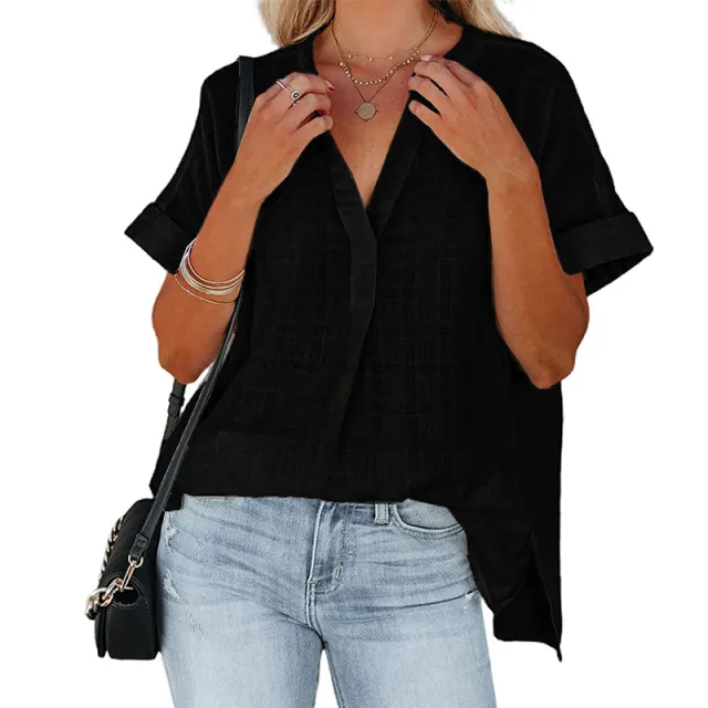 Summer New Women's V neck Short sleeved Loose Shirt Black - Shop at LoveMi