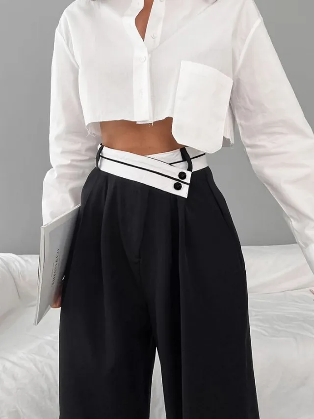 Commuter Color Suit Pants Women's Casual Drape Mop Pants Wide Leg Pants Black - Shop at LoveMi