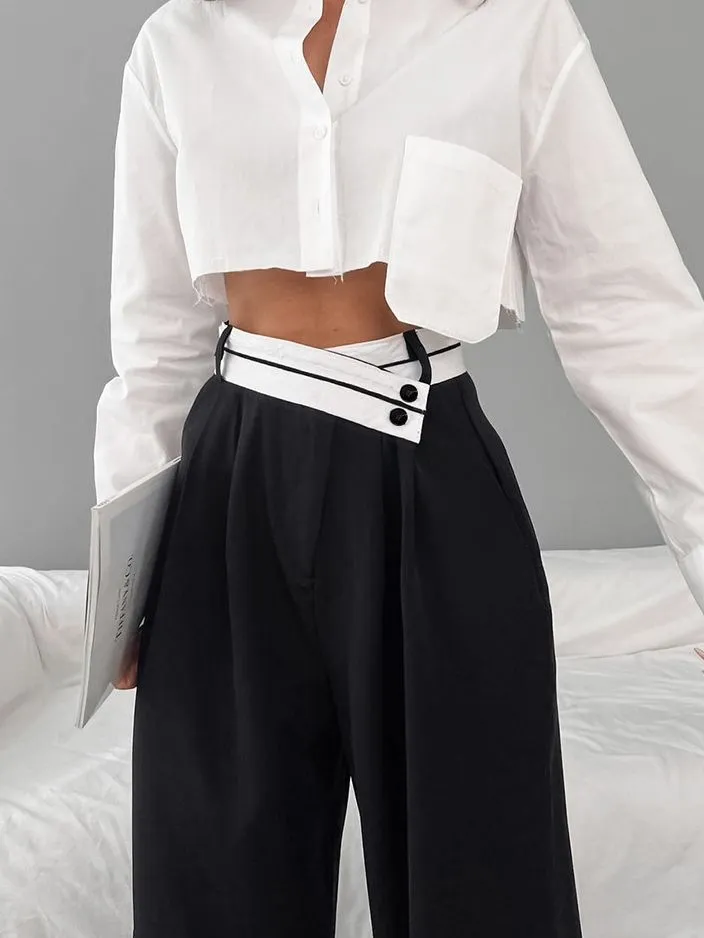 Commuter Color Suit Pants Women's Casual Drape Mop Pants Wide Leg Pants - Black