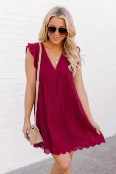 Lace Dresses With Pocket Summer Sleeveless Jacquard Cutout V-Neck Beach Dress - Wine - View 1