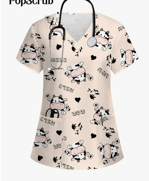 Plus Size Women's Vibrant Print Scrub Top Casual V