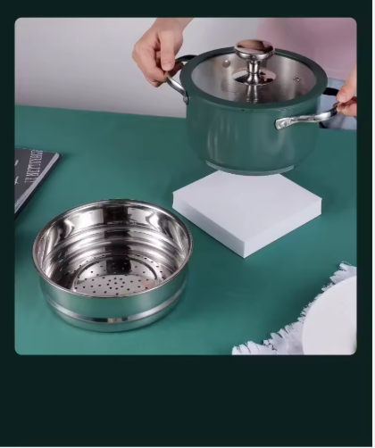 4pcs Stainless Steel Ceramic Coated Pot Set, Including 1 Milk Pot, 2 Stockpots, 1 Non-stick Pan, 4 LIDS And 1 Steamer Green — foto 3
