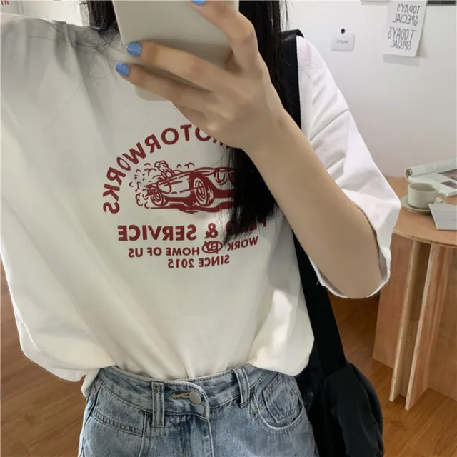 Women Short Sleeve T shirts Print Casual Korean Style Fashion Harajuku Loose O neck Student Streetwear All match Simple White - Shop at LoveMi