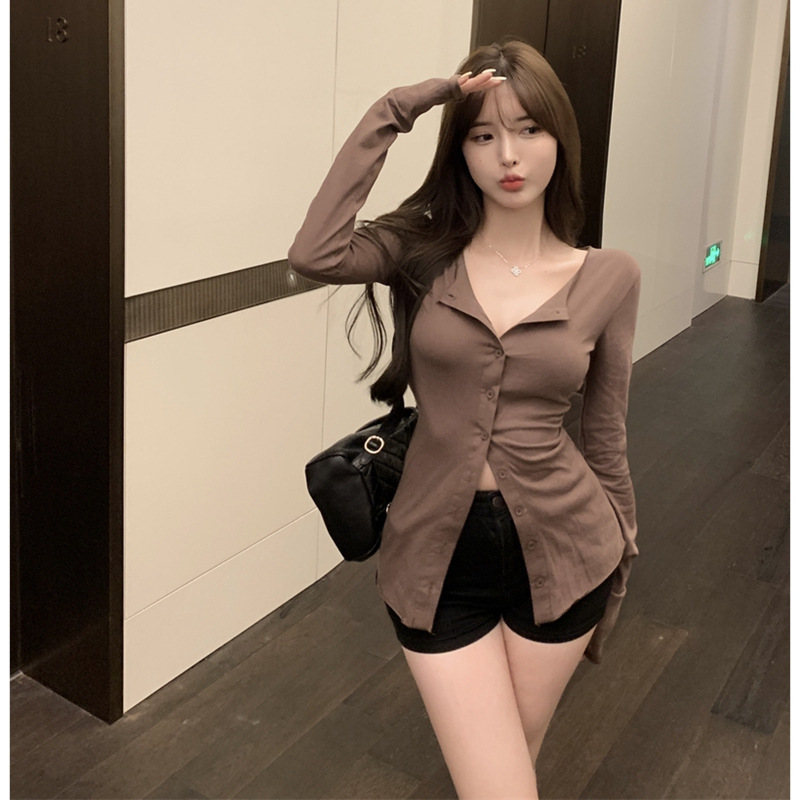 Women's Temperament Retro V-neck Long-sleeved Slim-fit Tops