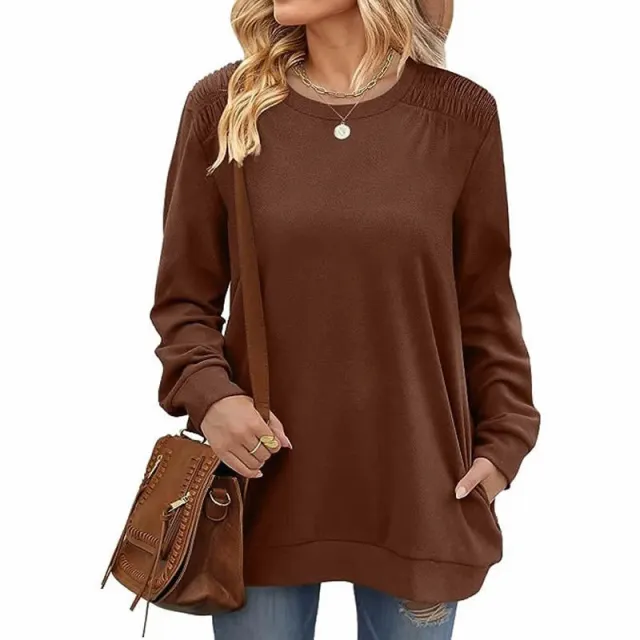 Fashion Long Sleeve Pullover Sweatshirt With Pockets Casual Loose Solid Color Top Womens Clothing Caramel L - Shop at LoveMi