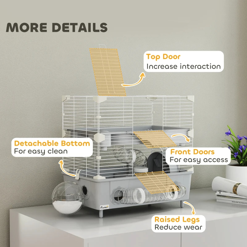 2-Tier Hamster Cage With Sand Bathroom, Running Wheel, Water Bottle, Tubes, Accessories, For Hamster, Gray