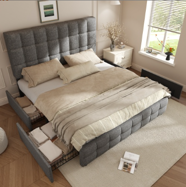 Upholstered Bed With 4 Drawers, Double Bed With Slatted Base, Storage Space Bed, Height-adjustable Headboard & Square Sewing Design, Metal Slatted Support, Linen Material 140x200 Cm, Grey