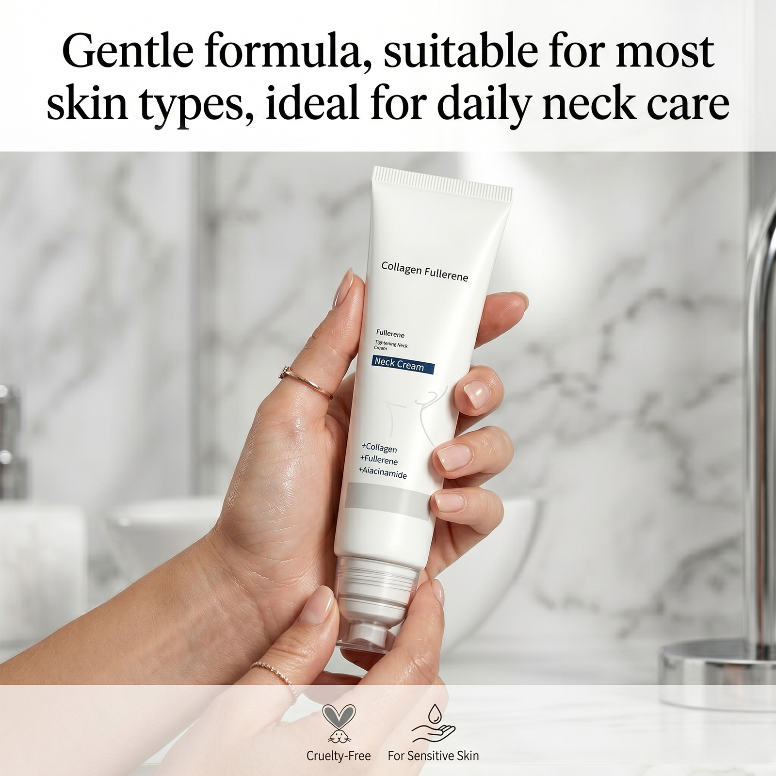 Collagen Fullerene Neck Cream With Roller Massager, Anti-Aging Neck Firming Cream, Reduces Wrinkles & Double Chin, 50g