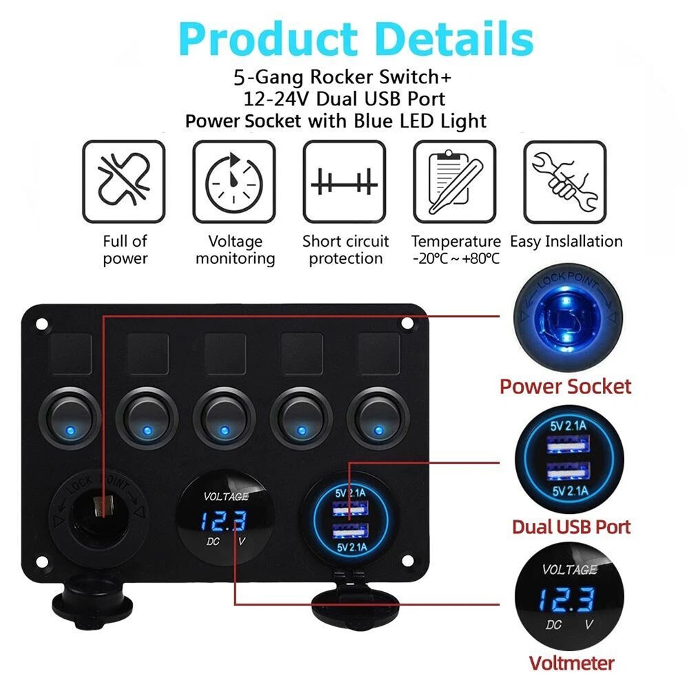 5 Gang 12V 24V LED Light S Witch Control Panel For Camper RV Car Boat Waterpoor