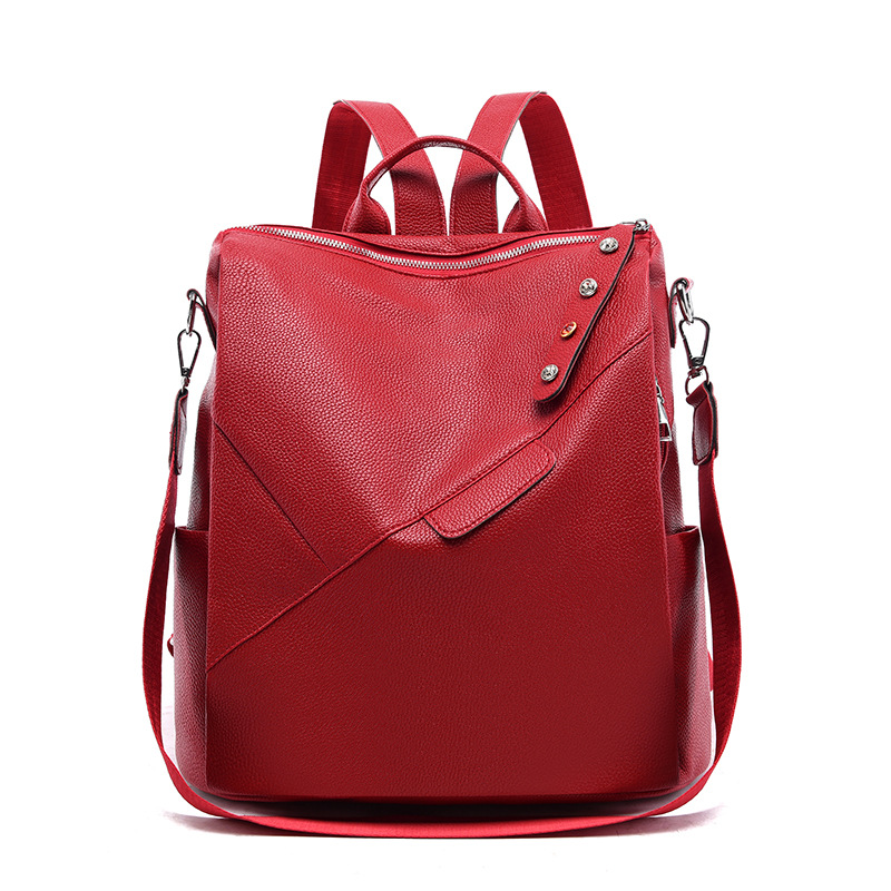 Backpack Pu Soft Leather College Style Female Schoolbag Simple Tide Brand Travel Red - Shop at LoveMi