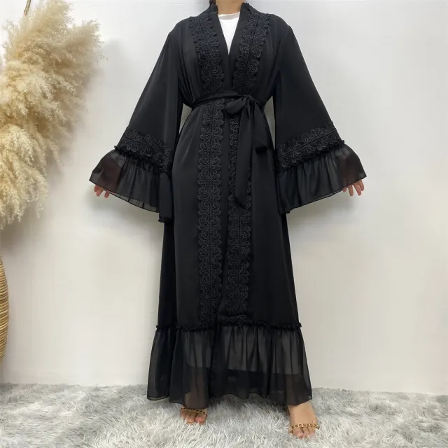 Black Flower Embroidered Lace Up Muslim Cardigan Robe Red - Shop at LoveMi