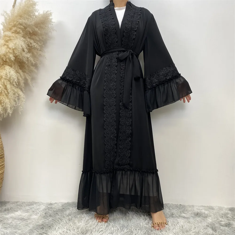Black Flower Embroidered Lace Up Muslim Cardigan Robe - Red