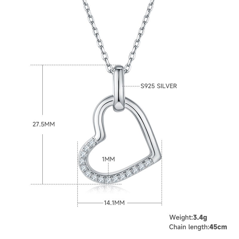 3.4g S925 Sterling Silver 15 Stones Moissanite Heart Necklace 45cm  Half Pave Asymmetric Pendant With GRA Certificate, Platinum Plated Romantic Jewelry Gift Box Set For Women