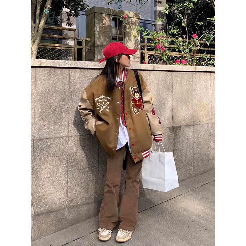 Women's Loose Street Bear Woolen Baseball Jacket