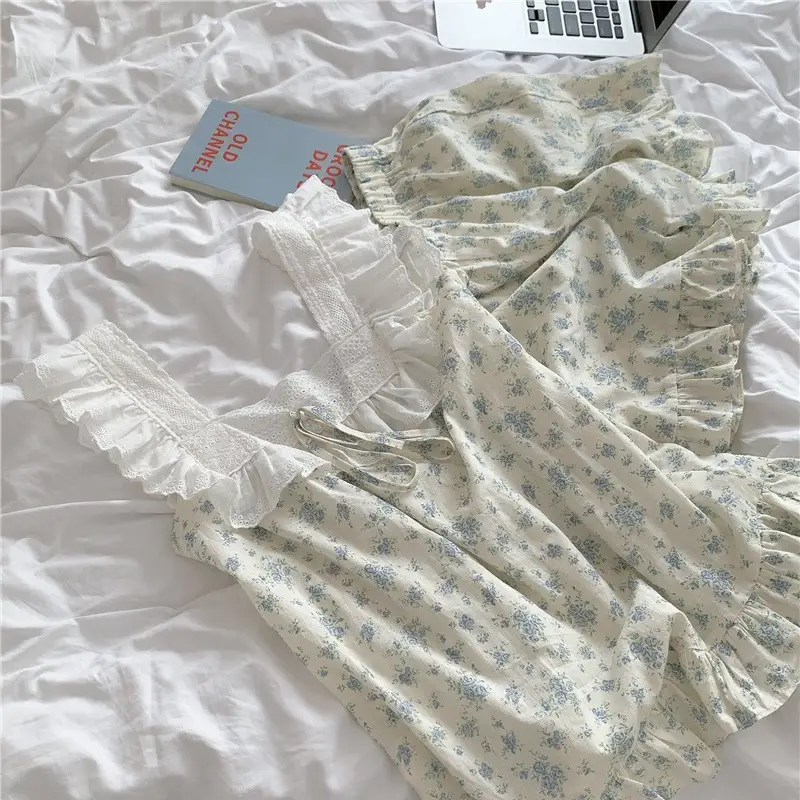 Women's Fashion Lace Sleeveless Halter Floral Nightgown Home Wear Set