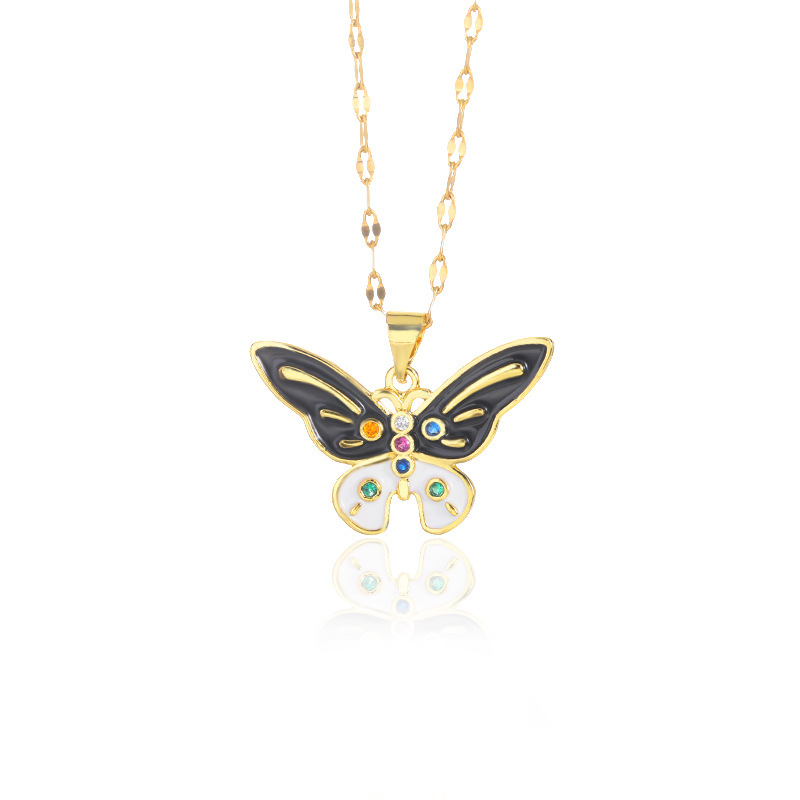 Multicolored Oil Drop Butterfly Pendant And Micro-inlaid Necklace