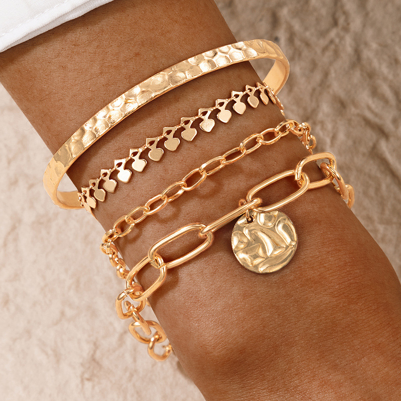 Tassel Love Heart Disc Thick Chain Punk Personality 4-Piece Set Gold Ladies Bracelet