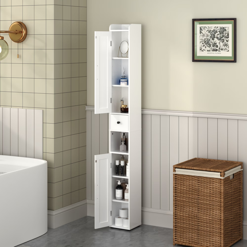 Bathroom Storage Cabinet,67.51in Tall Narrow Freestanding Cabinet Storage Tower With 2 Door For Small Spaces,Bathroom,White