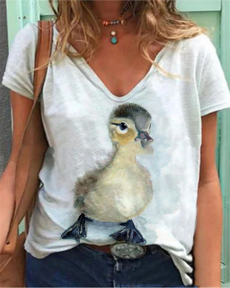 Women's New Duck Print Casual V-Neck Pullover Short Sleeve T-Shirt