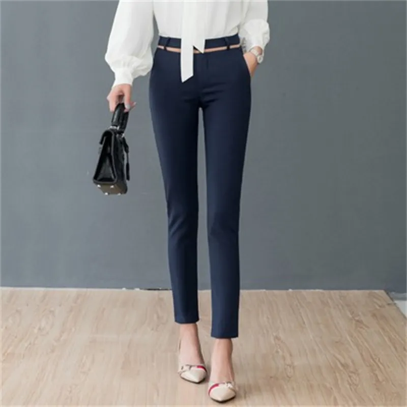 Women's High-waist Stretch Casual Straight-leg Suit Pants - Navy