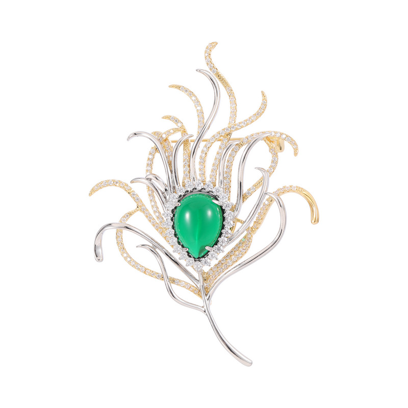 Emerald Two color Electroplated Zircon Set Peacock Feather Brooch Green - Shop at LoveMi