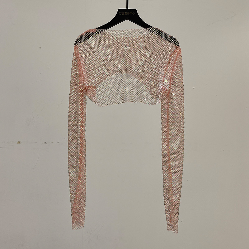 Title 3, Rhinestone Crystal Long-sleeved Shiny Net Shirt...