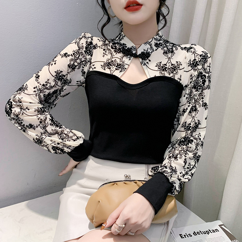 Women's Floral Splicing Stand-up Collar Long Sleeve Leggings