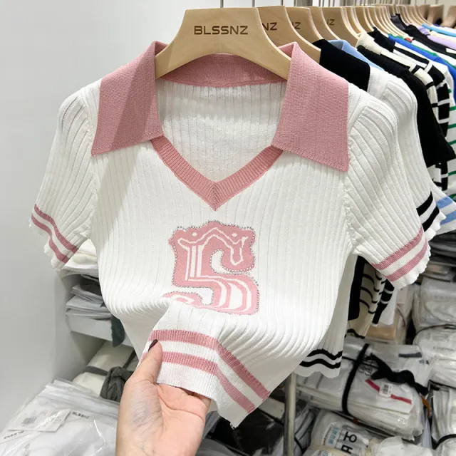 Women's Polo Collar Striped Short Sleeve Knitted Sweater Pink - Shop at LoveMi