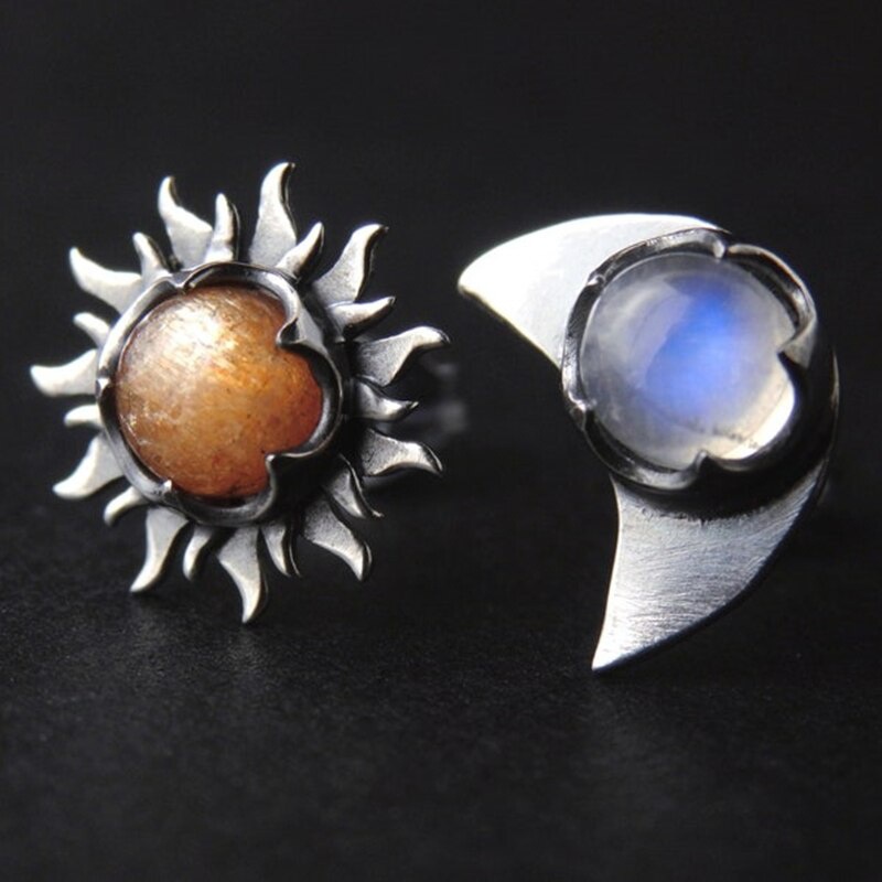 Sun Moon Jeweled Stud Earrings Vintage Fashion Boho