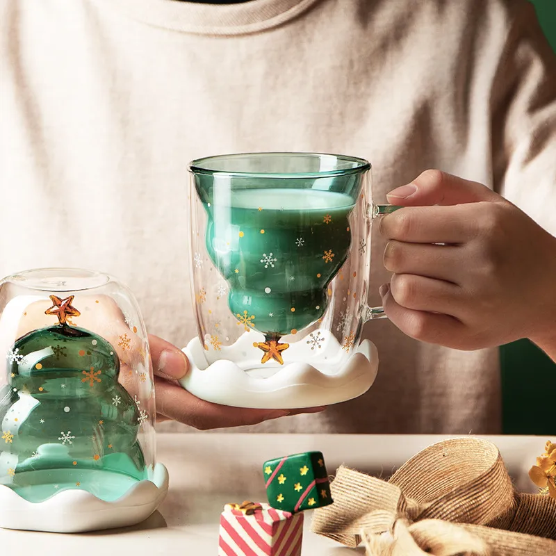 Double Heat Resistant Glass Coffee Cup Christmas Tree With Handle And Lid Milk Water Cup Cute Household Breakfast Whiskey Mug – image 2