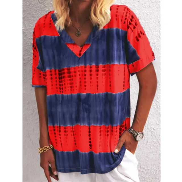 Women's Summer V Neck Tie Dye Printing Short Sleeved T Shirt Plus Size Top Red - Shop at LoveMi