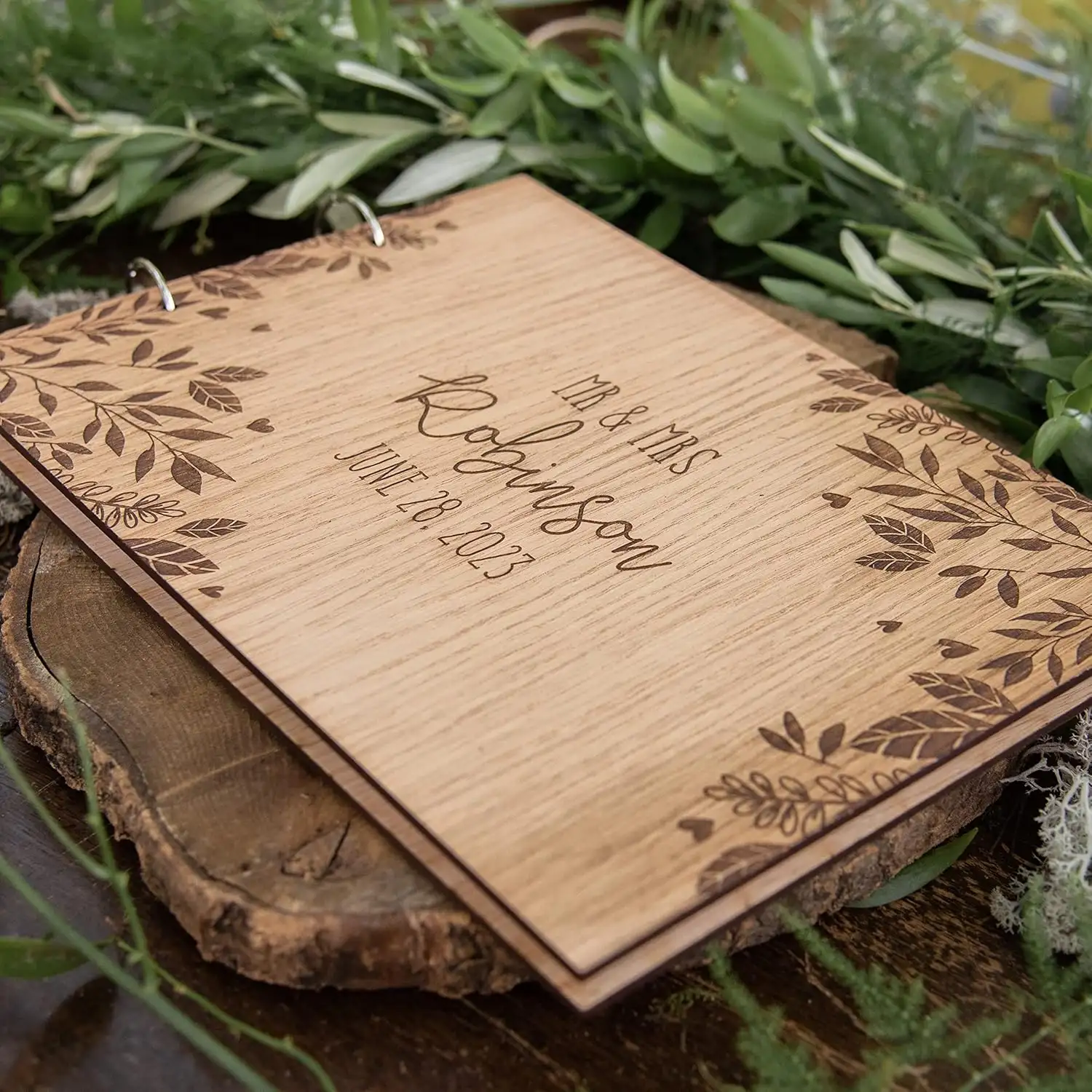 Personalized Engraved Wooden Wedding Guest Book With Custom Name & Date