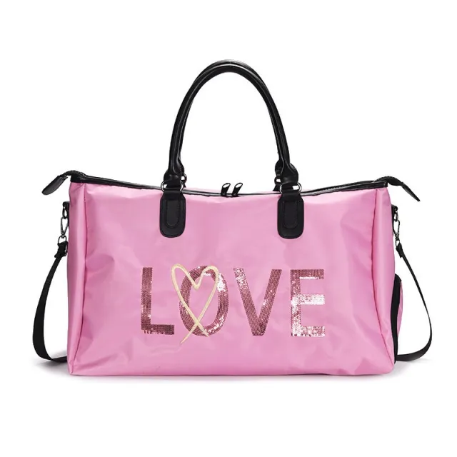 One shoulder Carry Duffel Bag Large Capacity Waterproof Sequin Shoe Position Fitness Travel Bag Pink - Shop at LoveMi