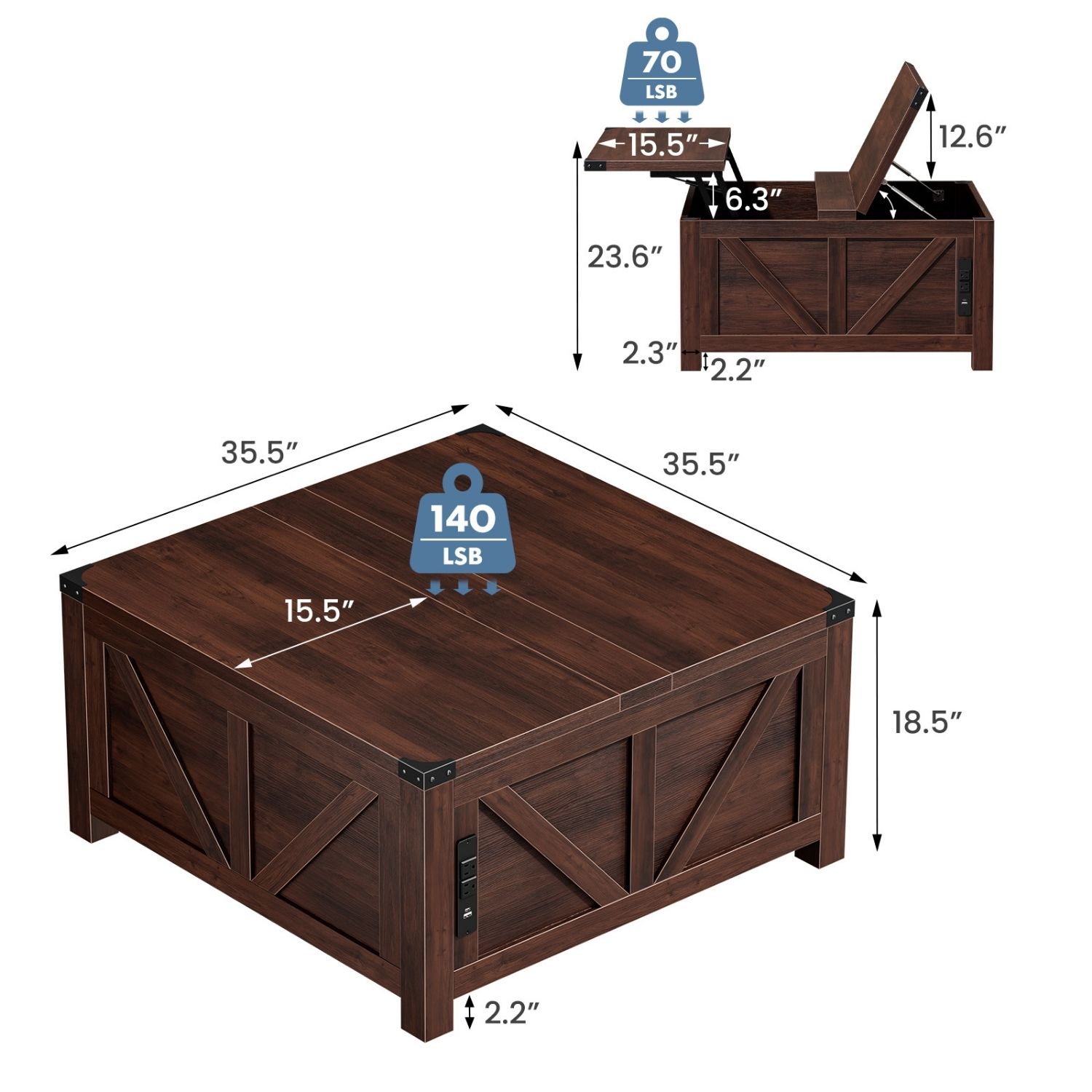 Lift Top Coffee Table With Storage And USB Charging Station, Square Center Table, Hidden Space For Living Room