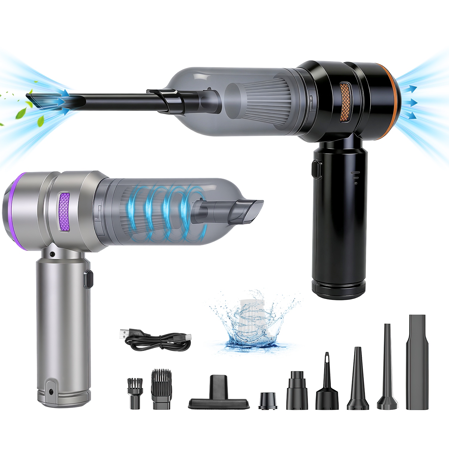 16000PA Handheld Car Vacuum Cleaner With Brushless Motor 2 Reusable Filters 4 In 1 Portable Cordless Compressed Air Duster & Blower For Car Office Home Camp