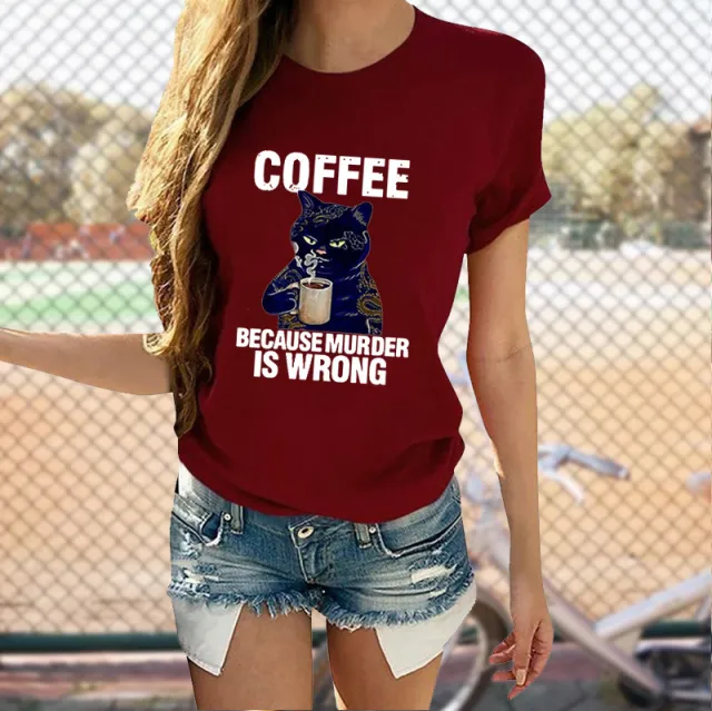 Cat Cute Print T shirt Round Neck Short Sleeve Top Wine Red - Shop at LoveMi