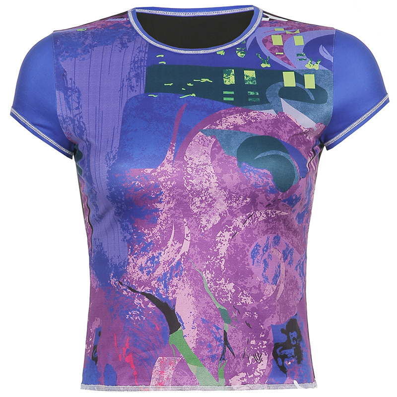 Sense Of Personality Contrast Printed Tight fitting Short sleeved T shirt Purple - Shop at LoveMi