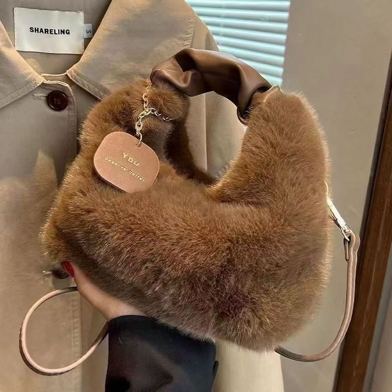 Advanced Plush Handbag 2025 New Fashionable And Versatile Single Shoulder Crossbody Bag - Deep Coffee Color