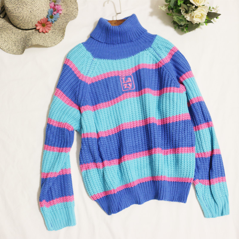 Women's Loose Sweater Letter Embroidered Colorblock Stripe Turtleneck Lazy Style