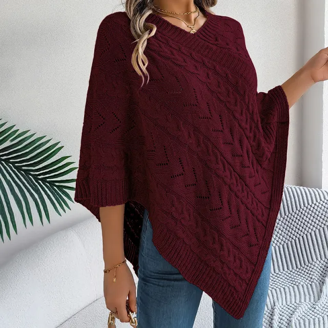 Women's Solid Color V Neck Cape Sweater Batwing Sleeve Open Knit Cardigan With Asymmetrical Hem Wine Red - Shop at LoveMi