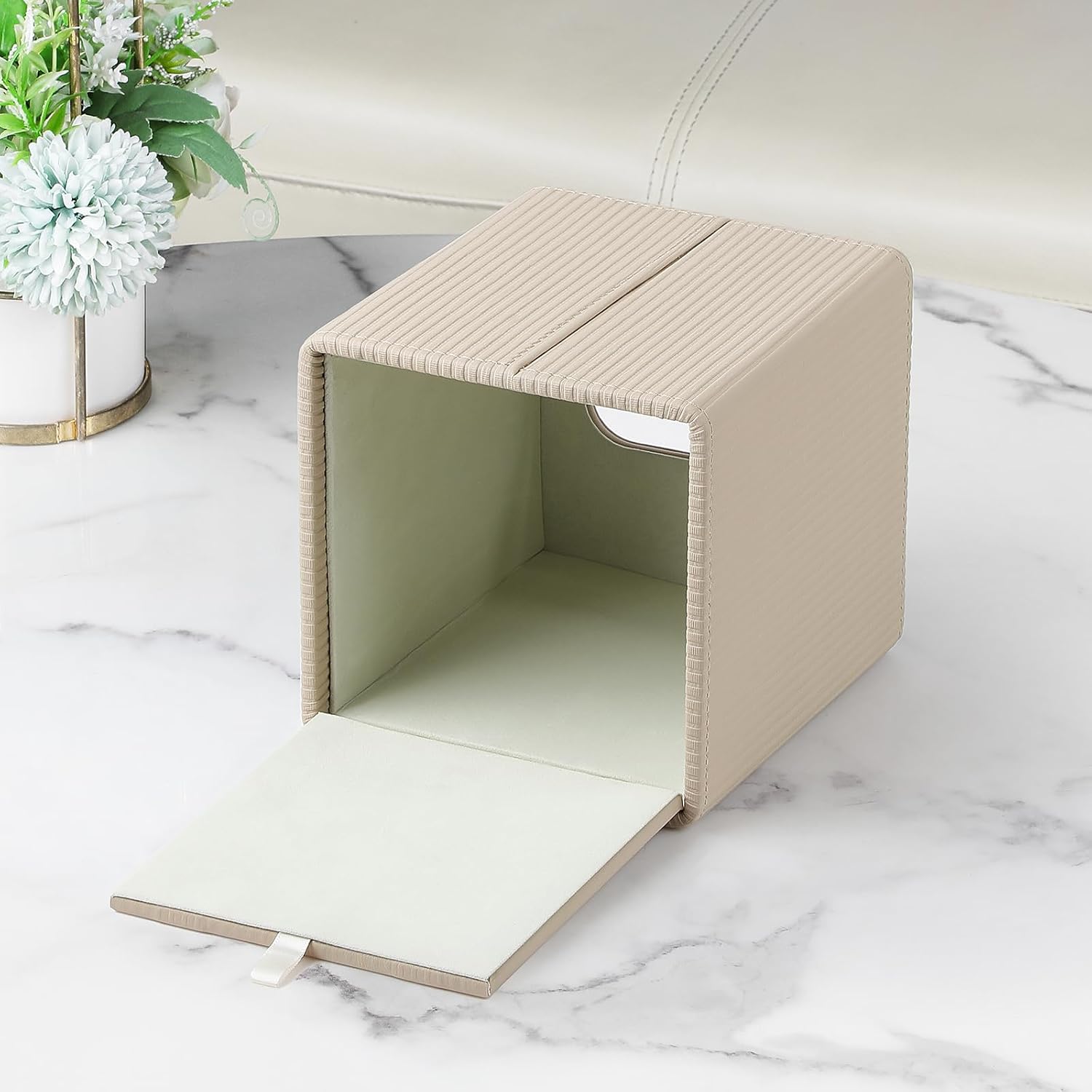 PU Leather Square Tissue Box Cover, Beige Cube Tissue Holder And Napkin Dispenser For Home, Office, Bathroom And Car 3