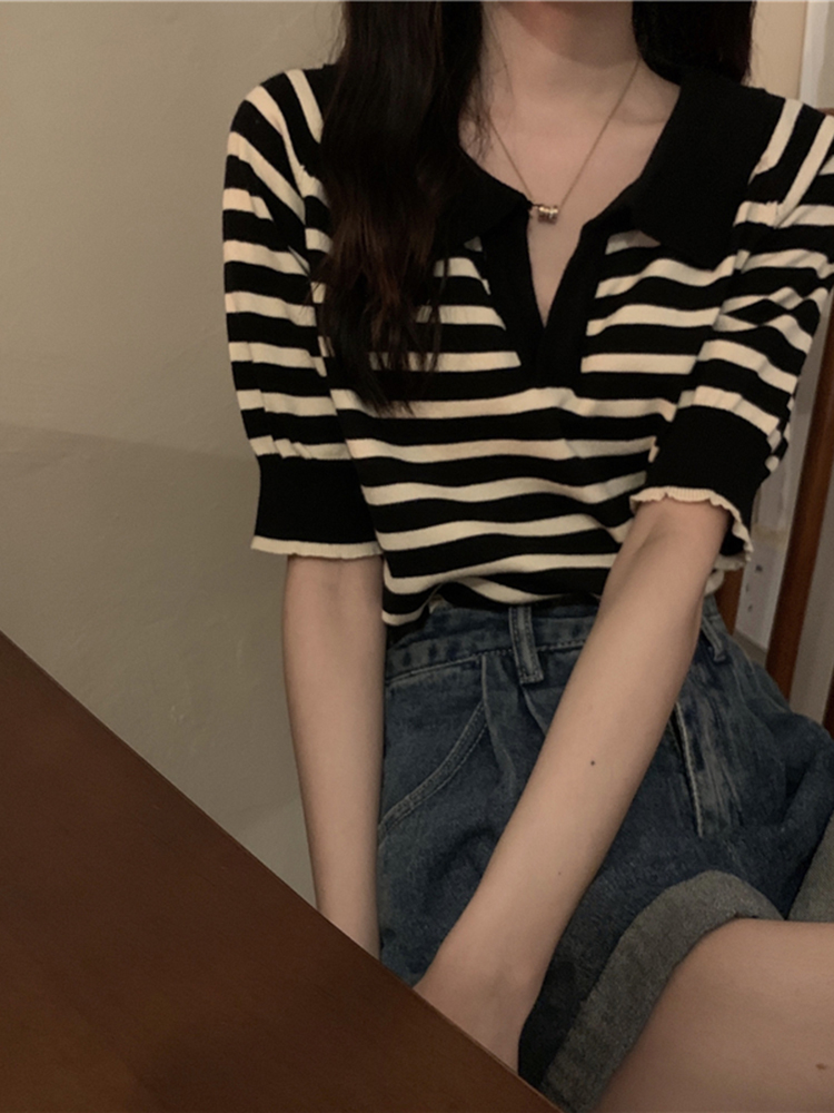 Thin Summer Striped Short Sleeve T-Shirt Knit Top