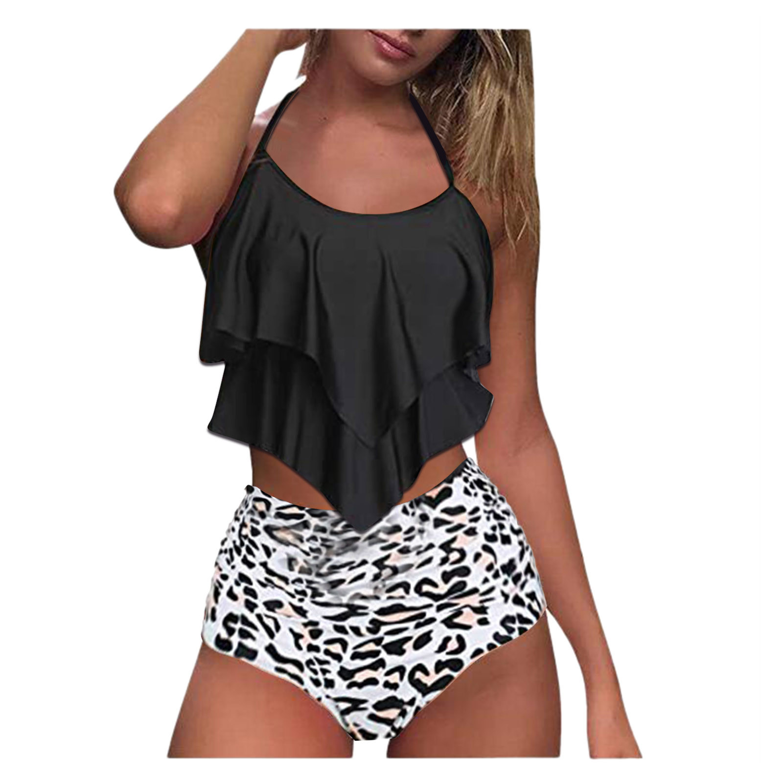 Women's Swimsuit With Double Ruffled Halter Strap And Chest Pad - Image 4