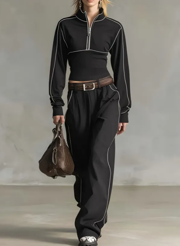Stand up Collar Short Zip up Top Wide leg Pants Casual Sportswear Set Black - Shop at LoveMi
