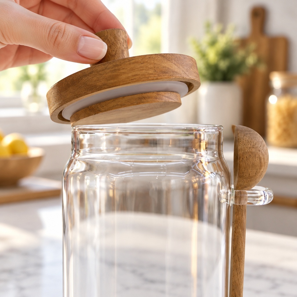 Glass Storage Jar With Acacia Wood Lid And Spoon, Airtight