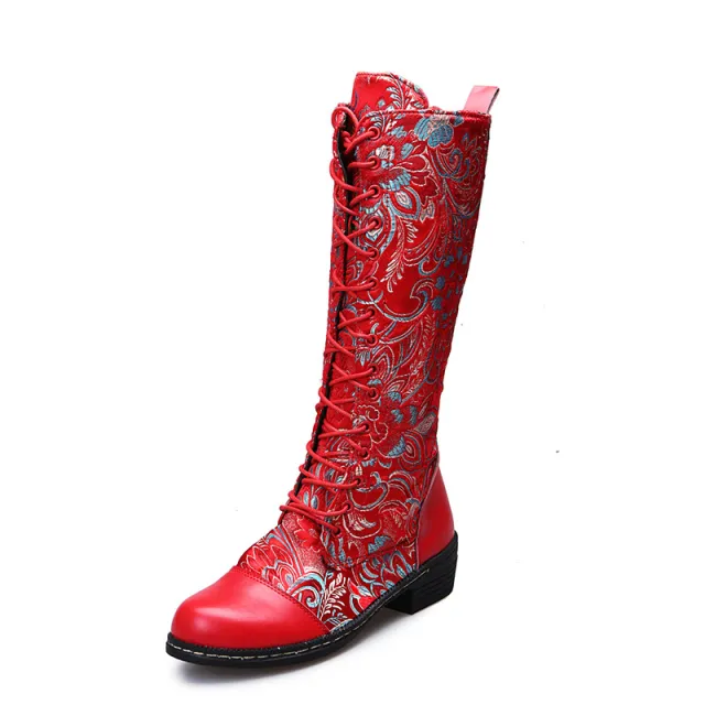 Flowers Print Long Boots WInter Retro Ethnic Style Shoes Lace up Heeled Boots Women Red - Shop at LoveMi